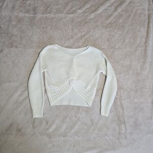 White Knit Crop Sweater with Front Twist Detail